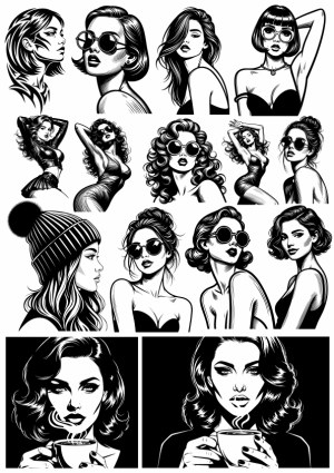 Black and White Vector Illustrations of Stylish Women in Various Poses Free Vector
