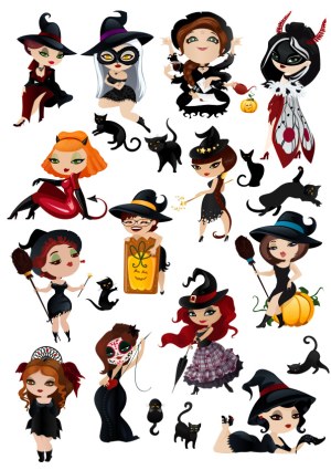 Collection of Cute Halloween Witch Characters with Black Cats Free Vector