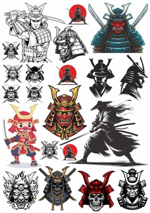 Set of Samurai Warrior and Mask Vector Illustrations Free Vector