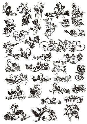 Black Decorative Floral and Butterfly Vector Elements Free Vector