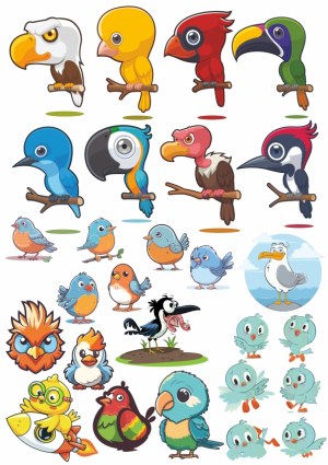 Colorful Cartoon Birds Collection with Various Species Free Vector