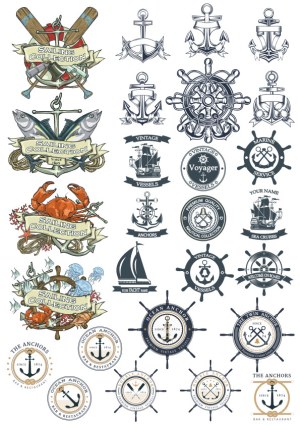 Nautical and Sailing Collection with Anchors, Ships, and Marine Icons Free Vector