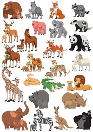 Cartoon Wild Animal Family Vectors with Mothers and Babies Free Vector