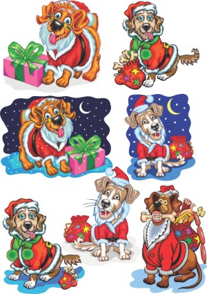 Cartoon Dogs in Santa Costumes with Christmas Gifts Free Vector