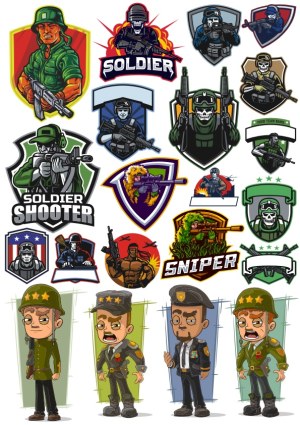Cartoon Military Soldier and Sniper Vector Badges and Character Illustrations Free Vector