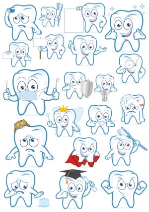 Set of Cartoon Teeth Characters with Various Dental Themes and Expressions Free Vector