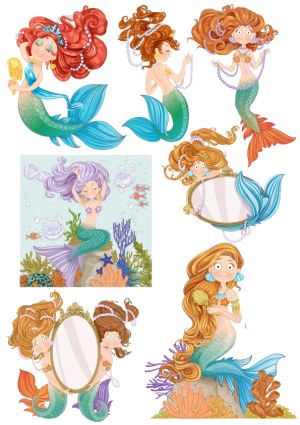 Set of Playful Cartoon Mermaids with Sea Elements and Mirrors Free Vector