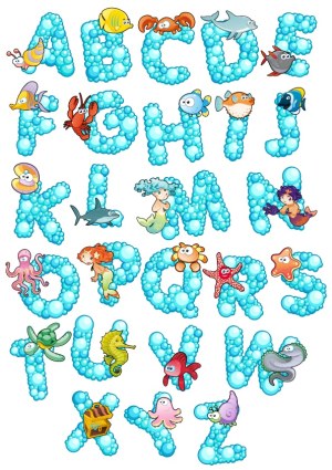 Underwater Bubble Alphabet with Sea Creatures Free Vector