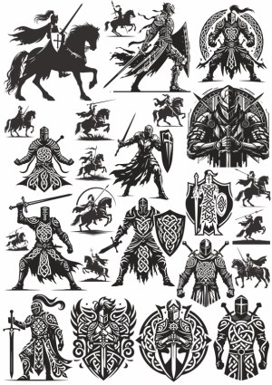 Medieval Knight and Cavalry Vector Silhouettes with Celtic Designs Free Vector