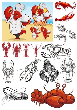 Lobster and Seafood Vector Illustrations and Cartoon Chef Free Vector