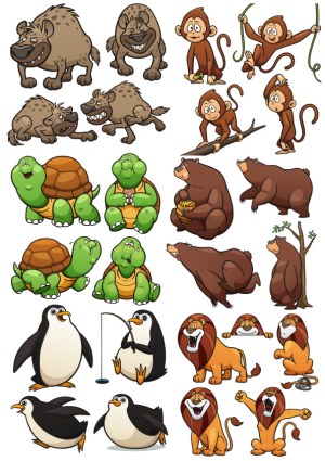 Cartoon Wild Animals Set with Hyenas, Monkeys, Turtles, Bears, Penguins, and Lions Free Vector