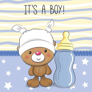 Cute Baby Boy Announcement with Teddy Bear and Bottle Free Vector