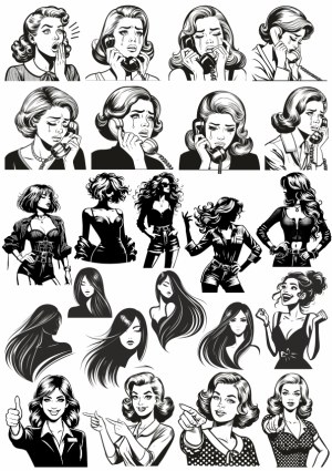 Retro Women Emotional and Fashion Poses Vector Illustrations Free Vector