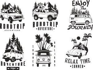 Vintage Road Trip Adventure and Summer Holiday Vector Illustrations Free Vector