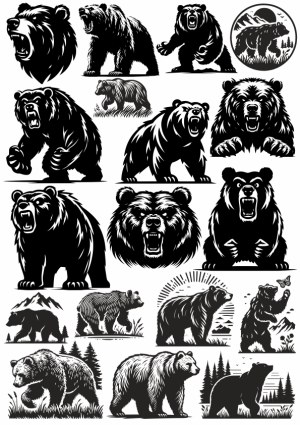 Set of Grizzly Bear Silhouettes and Illustrations Free Vector