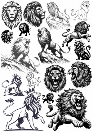 Set of Detailed Black and White Lion Vector Illustrations Free Vector