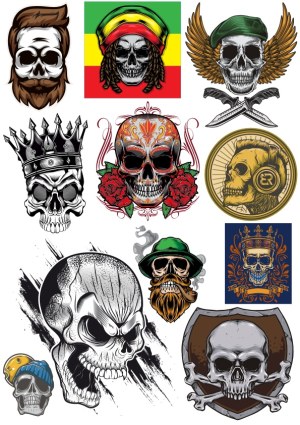 Collection of Detailed Skull Illustrations with Various Themes and Accessories Free Vector
