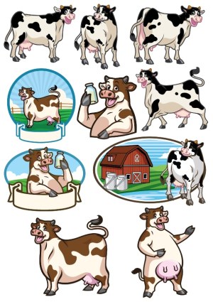 Cartoon Dairy Cows and Farm Scenes Vector Set Free Vector