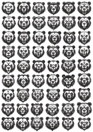 Set of 56 Black and White Bear Head Vector Icons Free Vector