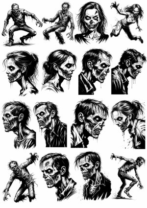 Set of Black and White Zombie Illustrations with Different Poses and Profiles Free Vector