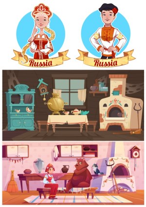 Traditional Russian Folk Characters and Interior Vector Illustrations Free Vector