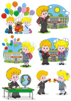Cartoon School Kids with School Building and Classroom Scenes Free Vector