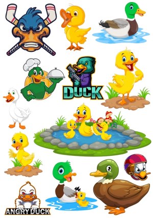 Collection of Cartoon and Sports-Themed Duck Illustrations Free Vector