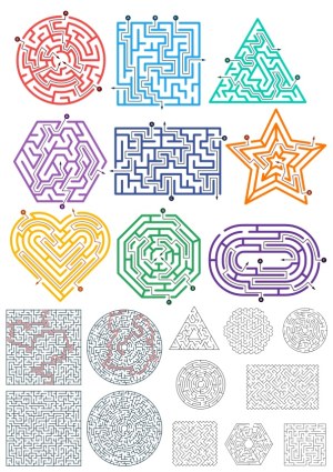 Colorful and Monochrome Mazes in Various Shapes and Complexities Free Vector