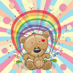 Cute Teddy Bear with Heart and Rainbow Background Free Vector