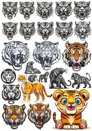 Collection of Tiger Head and Full-Body Vector Illustrations Free Vector