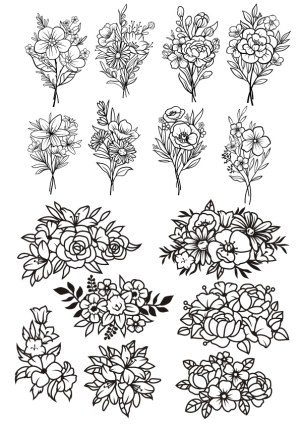 Set of Black and White Floral Bouquet Vector Illustrations Free Vector