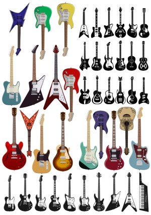 Collection of Colorful and Black Electric and Acoustic Guitar Vector Illustrations Free Vector
