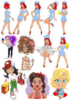Collection of Cartoon Women Characters in Various Styles and Poses Free Vector