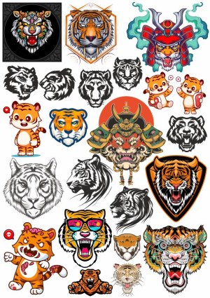 Collection of Diverse Tiger and Samurai Tiger Vector Illustrations Free Vector