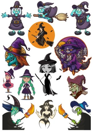 Colorful and Black Witch Cartoon and Illustration Vector Set Free Vector