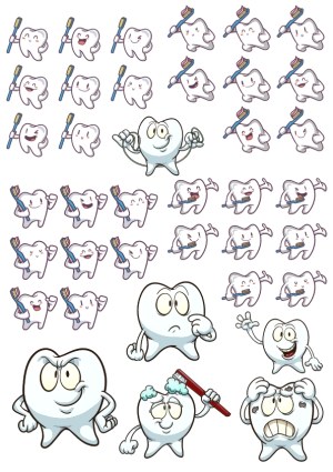 Tooth Characters with Toothbrush and Dental Care Emotions Free Vector