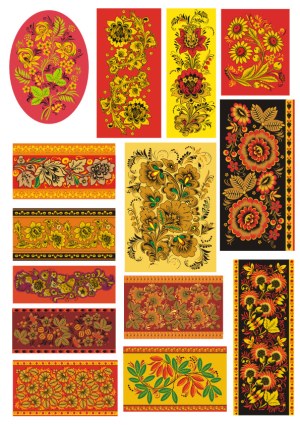 Traditional Khokhloma Floral and Folklore Pattern Vectors Free Vector