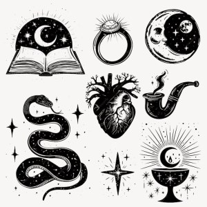 Mystical and Occult Black and White Vector Illustrations Free Vector