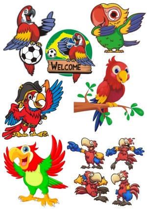 Colorful Cartoon Parrot Characters in Various Poses and Themes Free Vector