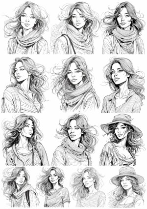 Hand-Drawn Portraits of Young Women with Flowing Hair and Fashion Accessories Free Vector