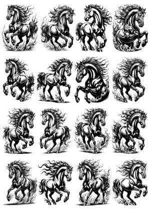 Set of Black and White Stylized Galloping Horses Vector Illustrations Free Vector
