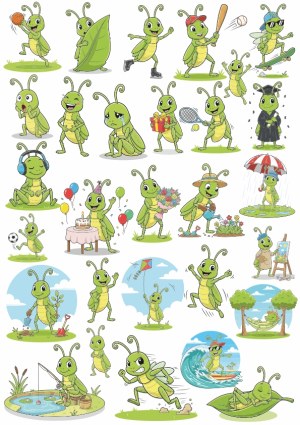 Cute Cartoon Cricket Mascot Characters in Various Activities and Emotions Free Vector