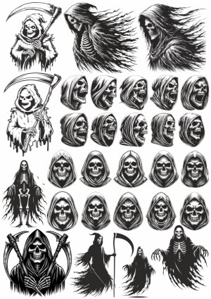 Grim Reaper and Skeleton Hooded Skull Vector Illustrations Free Vector