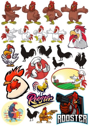 Rooster and Chicken Cartoon Characters and Silhouettes Vector Collection Free Vector