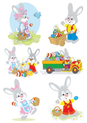 Cartoon Easter Bunnies with Colorful Easter Eggs and Spring Themes Free Vector