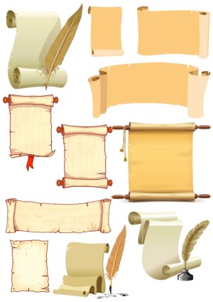 Collection of Vintage Paper Scrolls and Quill Feather Pens Free Vector