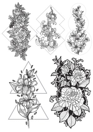 Black and White Hand-Drawn Floral Arrangements with Geometric Accents Free Vector