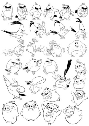 Black and White Cartoon Birds and Pig Characters Line Art Free Vector