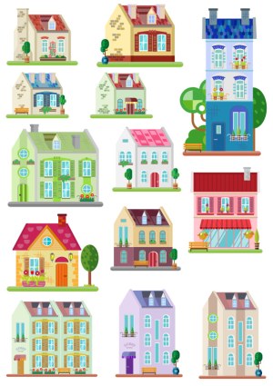 Collection of Colorful Vector Houses and Buildings Free Vector