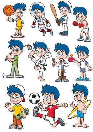 Boy Characters Participating in Various Sports and Activities Vector Set Free Vector
